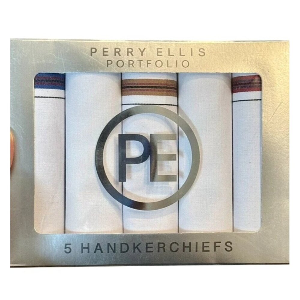 Perry Ellis Portfolio 5 Pk Mens Handkerchiefs Cotton Blend Satin Texture Stripes